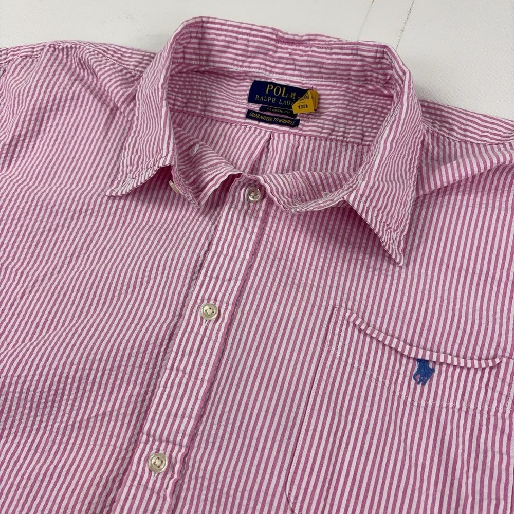 Polo Ralph Lauren Shirt Mens 2XL Seersucker Pink Striped Short Sleeve Button Up